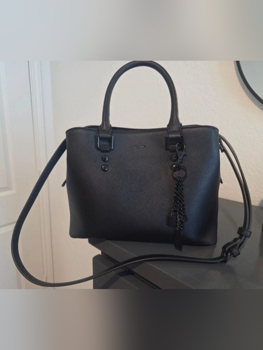 Aldo Black Tote Handbag with Chain Charm